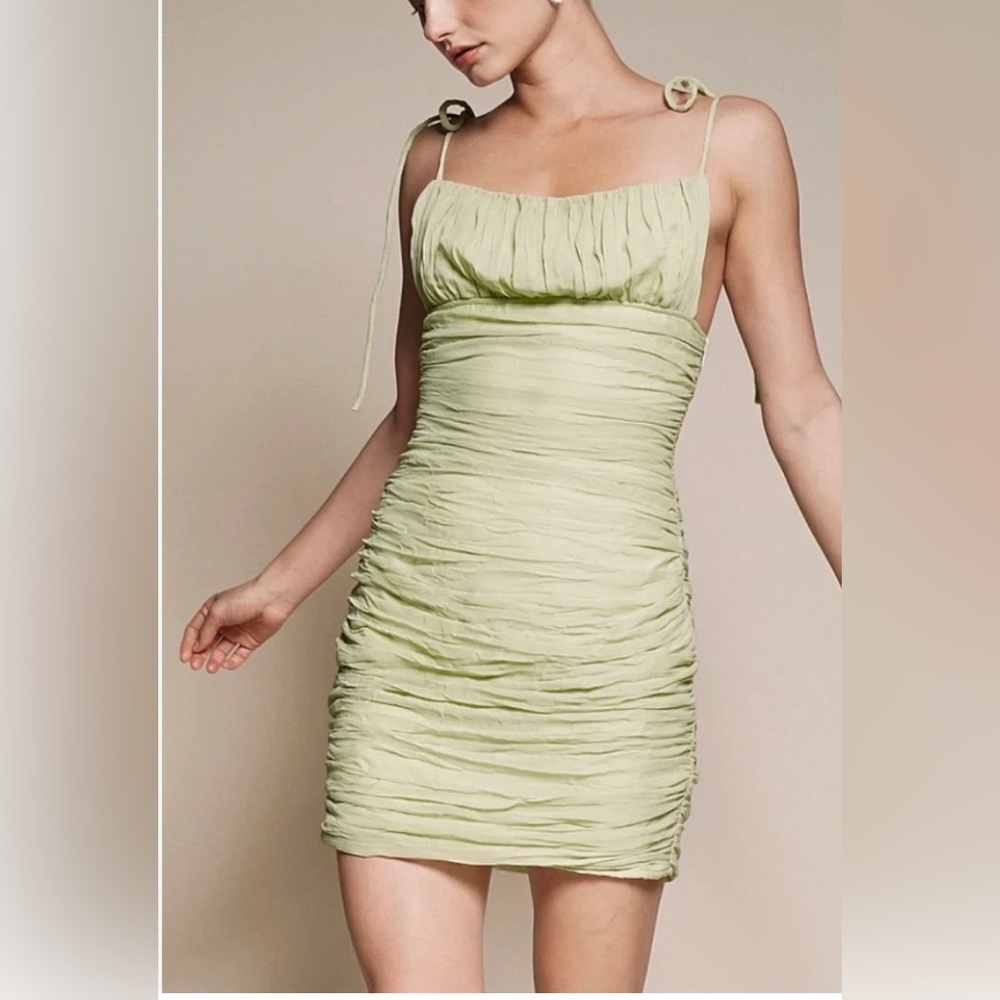 Beige Botany Ruched‎ Bodycon Mini Dress in Whisper Sage Green - M